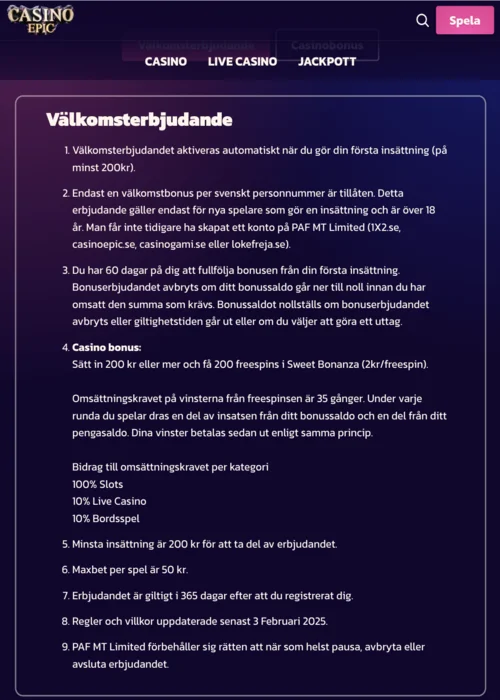 Bonusar Casino Epic<